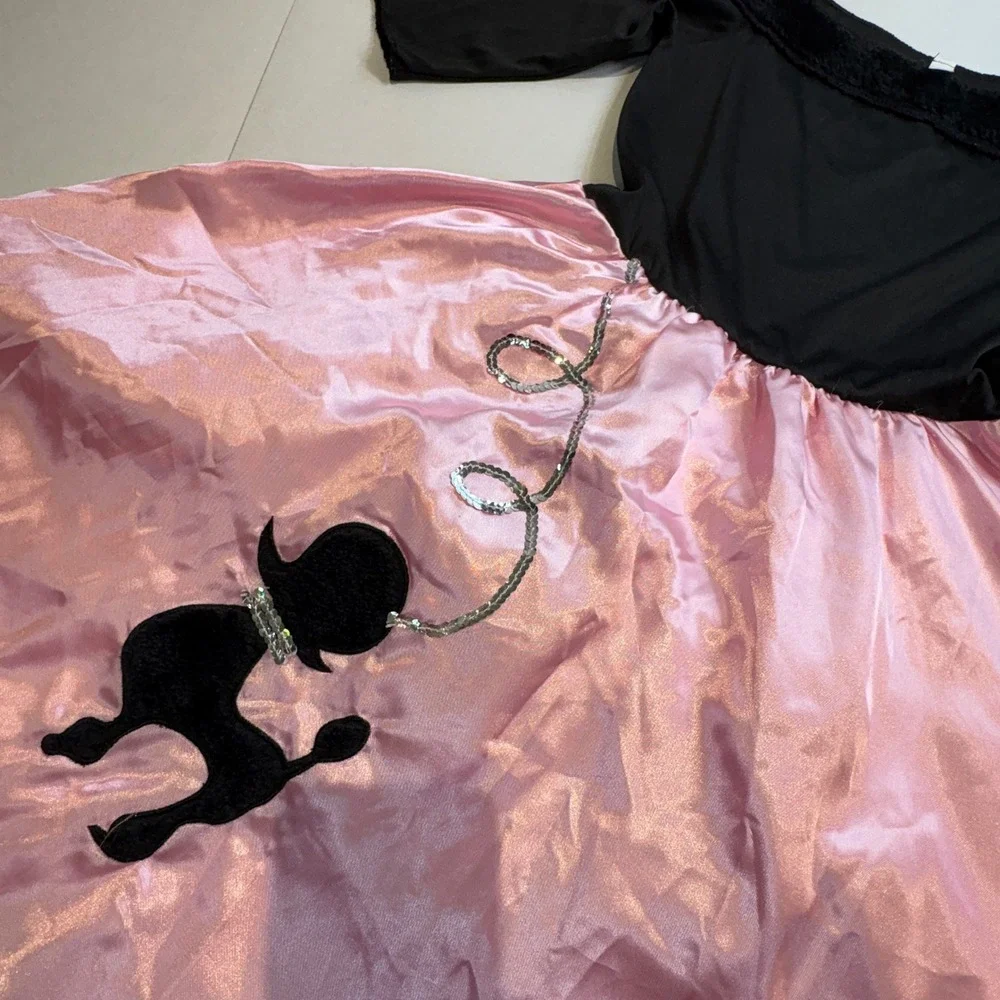 Amscan Costumes USA Girls 50s Poodle Skirt Dress Medium 8-10 Pink Black Sock Hop